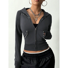 Ingvn - European American Style Spring Autumn New Hooded Womens Sweatshirt Fashion Trendy Slim Fit Versatile Beaded Cardigan Coat