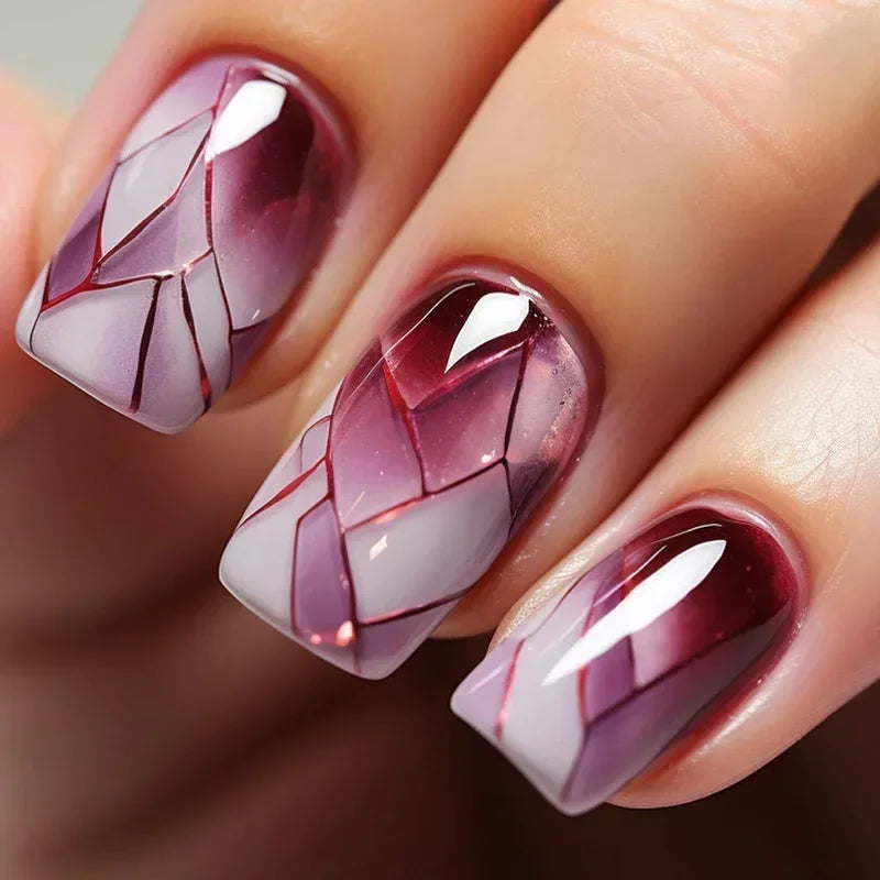 Ingvn  24Pcs Simple Blue French Fake Nails with Diamond Love Pattern Design False Nails Press on Mid-length Ballet Full Cover Nail Tips