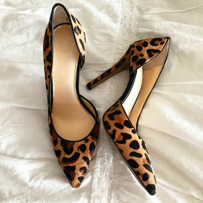 Ingvn - Leopard Stripe Horsehair Side Cutout Pumps 12/10/8cm Stiletto Heels Pointed Toe Woman Sexy Shallow Slip On Banquet Shoes