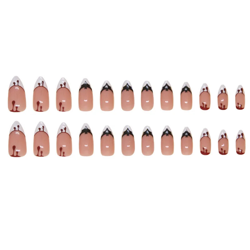 Ingvn  24Pcs Halloween False Nails with Almond Head Design Mid-length French Fake Nails Bat Wearable Oval Press on Nails Manicure Tools