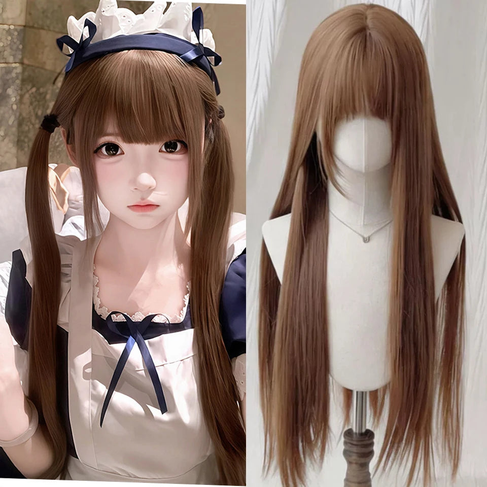 Ingvn  Long Wavy Brown Middle Part Wig Synthetic Lolita Wig Natural Cosplay Party Wig Daily Wear Halloween Costume Y2K Orange Wig