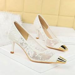 Ingvn  Fashion Metal Square toe Lace Air Mesh Women Pumps Elegant Thin High heels Office Lady Shoes Spring Autumn Party Dress Shoes