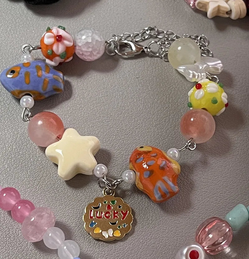 Ingvn  New Cute Geometry Star Conch Ceramic Glass Acrylic Beaded Bracelet Girl Kpop Aesthetic Charm Jewelry Y2K Marine Accessories