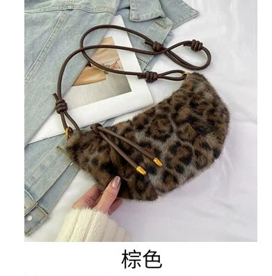 Ingvn - Leopard Plush Bag Faux Fur Bolsas Feminina  Fashion Commuter Bolsa Crossbady Bags for Woman Bolsos Mujer Croissant Sac Femme
