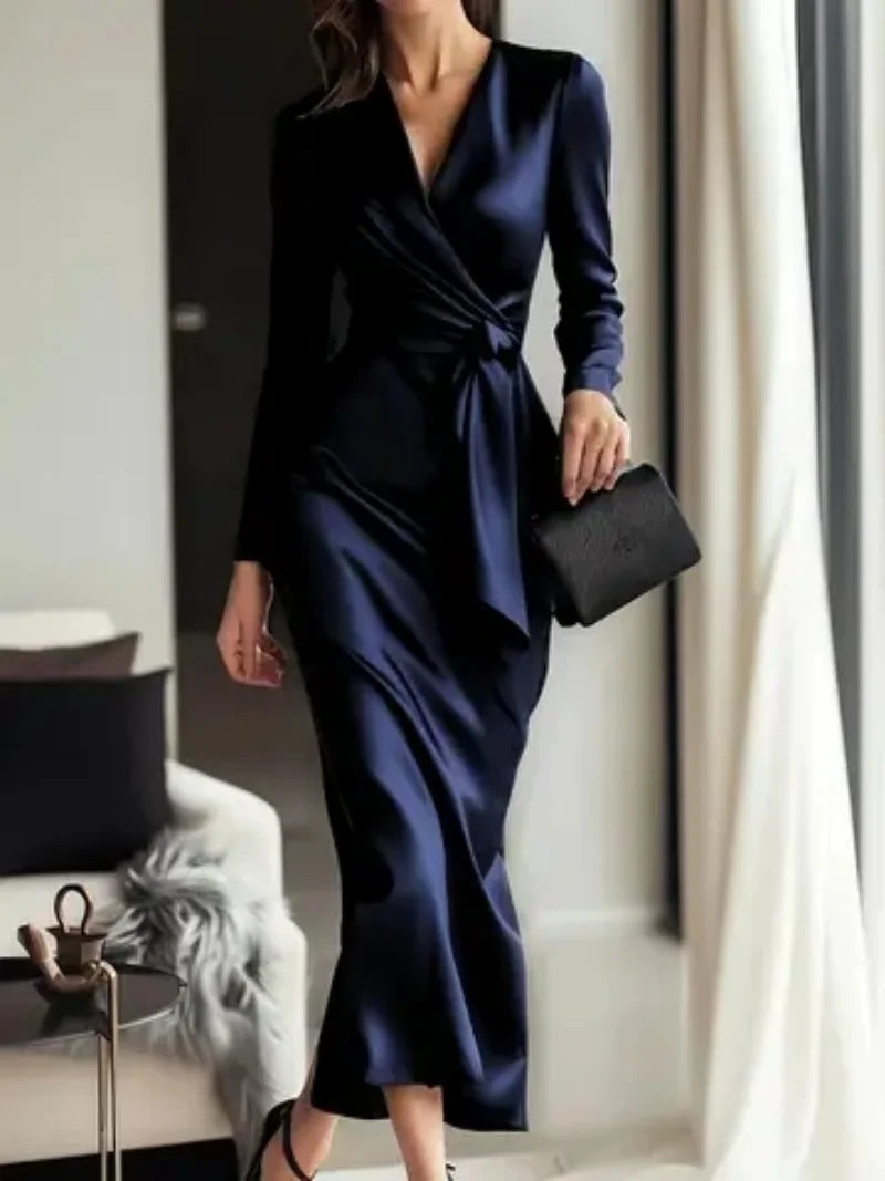 Ingvn  Autumn temperament goddess Hepburn style long-sleeved lace-tight waist dress for women