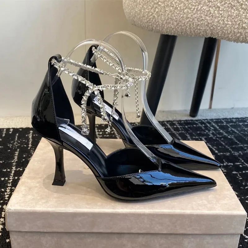 Ingvn  Star style Fashion Patent Leather Rhinestones Chains Women Pumps Elegant Pointed toe Ankle Strap Thin High heels Summer Shoes