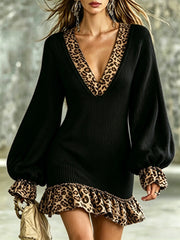 Ingvn  Autumn/Winter Bohemian V-neck Leopard Print Patchwork Knitted Dress With Lantern Sleeves And Ruffle Edge Short Skirt  Dress