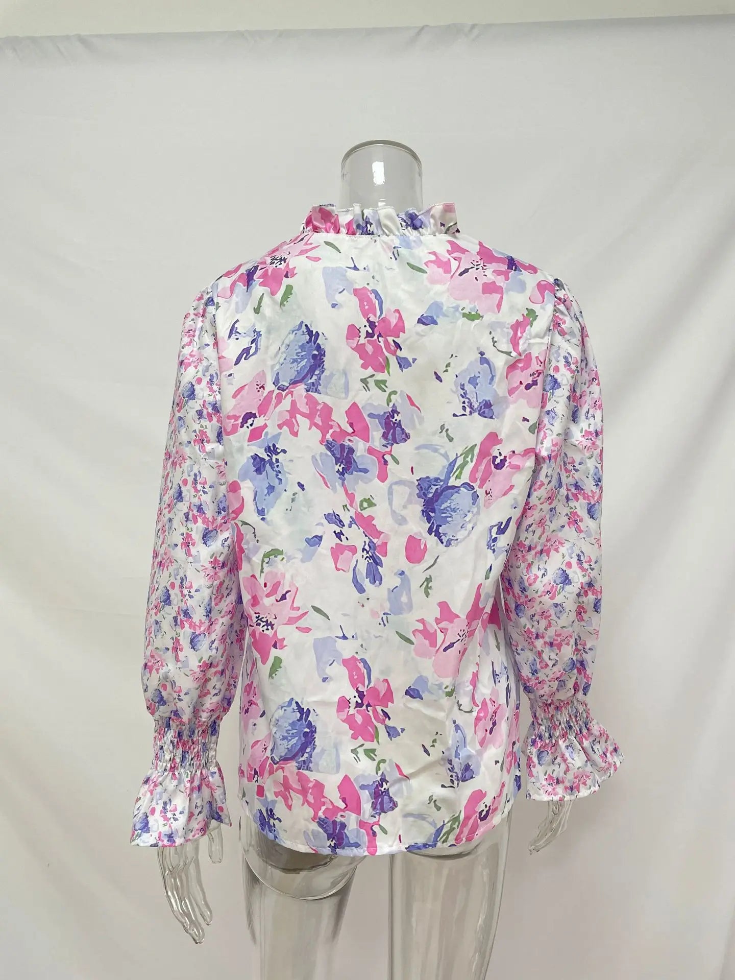 Ingvn - Women's Summer Floral Print V Neck Long Sleeve Blouse Ruffle Cuff Button Down Casual Loose Chiffon Shirt