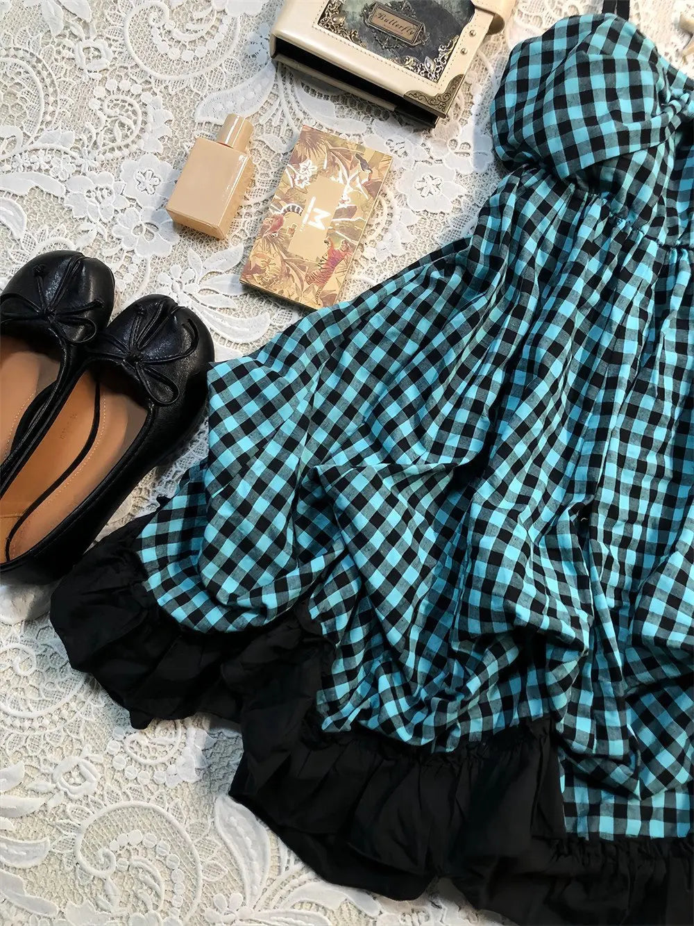 Ingvn  Summer New Vintage Sweet And Spicy Style Plaid Puff Sleeve Short Dress Women's Polyester Fiber Casual Everyday Dress