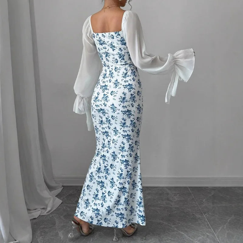 Ingvn  Women's Long-sleeved V-neck Dress Chiffon Patchwork Knitted Printed Hip-hugging Long Skirt