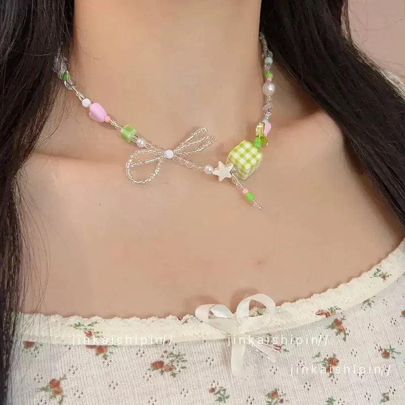 Ingvn  Summer Colored Beaded Bow Flower chkoer Necklace for Girls' Aesthetic Party Jewelry y2k