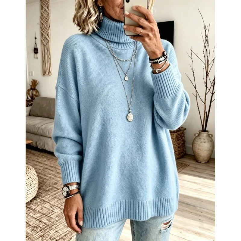 Ingvn - Women Turtleneck Knit Sweater Loose Long Sleeve Pullover Thick Autumn Winter Base Layer Top