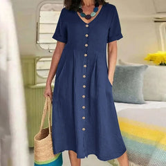Ingvn  Spring Summer New Solid Color Loose High Waist Cotton Linen Dress