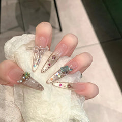 Ingvn  10Pcs Cat's Eye French Handmade Nail Tips Long Stiletto Fake Nail with Colorful Rhinestone Reusable Almond Press on False Nails