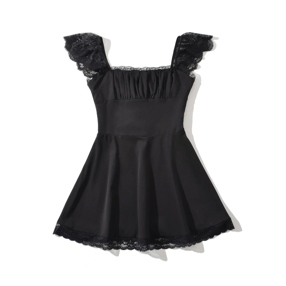Ingvn  Woman Low Chest Ruched Square Collar Spliced Lace  Sleeve Dress Cross Lacing up Back Dresses Swing A-lined Short Robe Vestidos