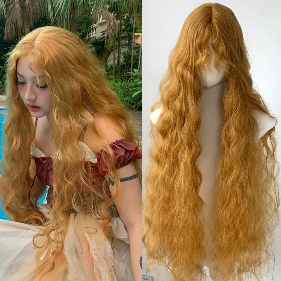 Ingvn - Super Long 100m Wavy Pink Fluffy Wig With Bangs Synthetic Halloween Cosplay Party Green Natural Looking Lolita Wigs For Women