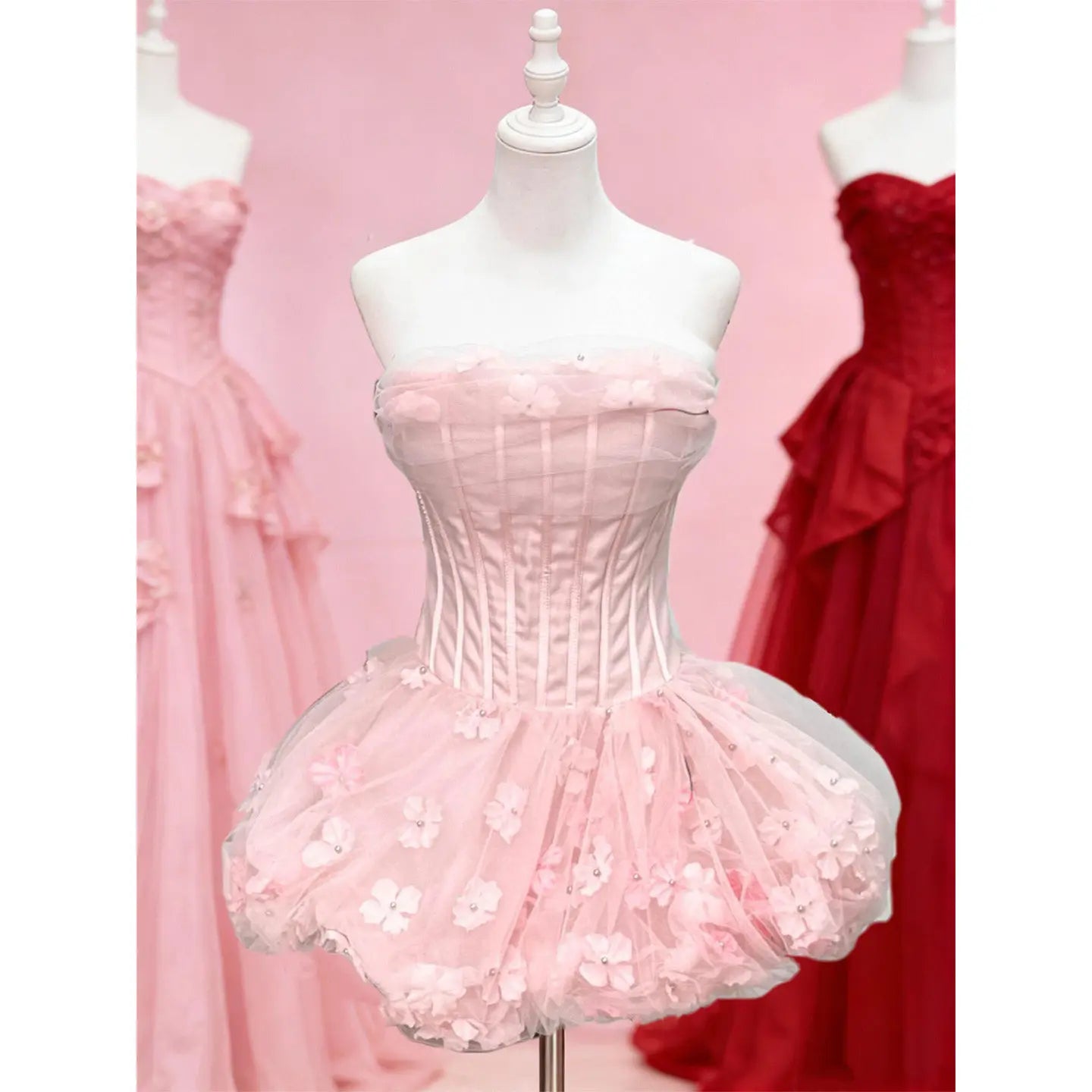 Ingvn  Summer New Sweet Elegant Princess Birthday Party Dress Sleeveless Strapless Corset Slim Fit 3D Flower Puff Dress for Women