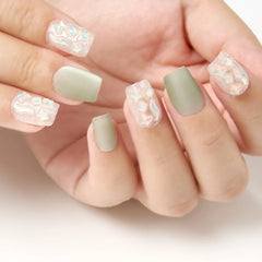 10pcs Handmade Green Gradient Fake Nails Short Square False Nails with Water Diamond Summer Cat's Eye Nails for Women and Girls