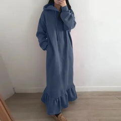 Ingvn  New Women's Autumn and Winter New Style Fleece Hooded Base Sweater Dress Ladies Casual Straight Pocket Loose Hooded Long Dress