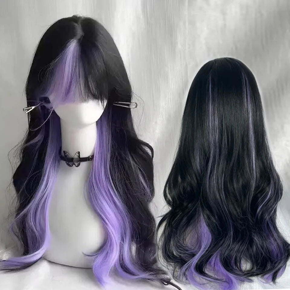 Ingvn  Long Wavy Grey Purple Wig Synthetic Natural Looking Lolita Cosplay Wig Halloween Costume Party Wig for Women Daily Wear
