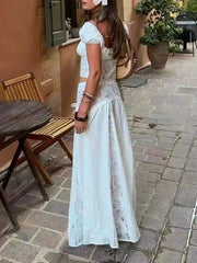 Ingvn   Beach Holiday Skirt Suit for Women Folds Tube Top High Waist Spliced Lace Long Skirt White Two Piece Set Female New