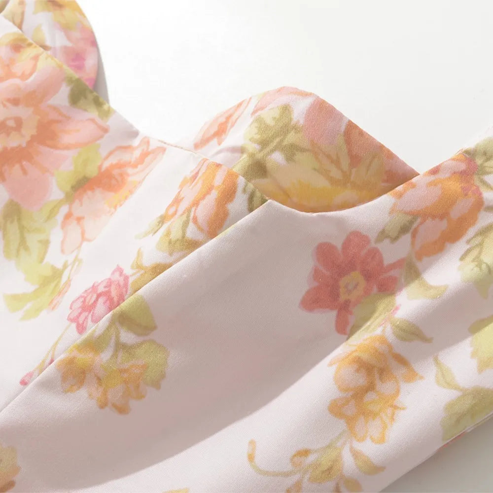 Ingvn  Sweet Pink Flower Print V Collar Sling Dress Women Corset Style Low Waist Folds Hem Ball Gown Swing Short Dresses Mini Tank Robe