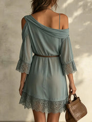 Ingvn  Summer Skew Collar Elegant Lace Dress Woman Party Boho Dress short Sleeves Fashion Date Night Evening Short Dresses