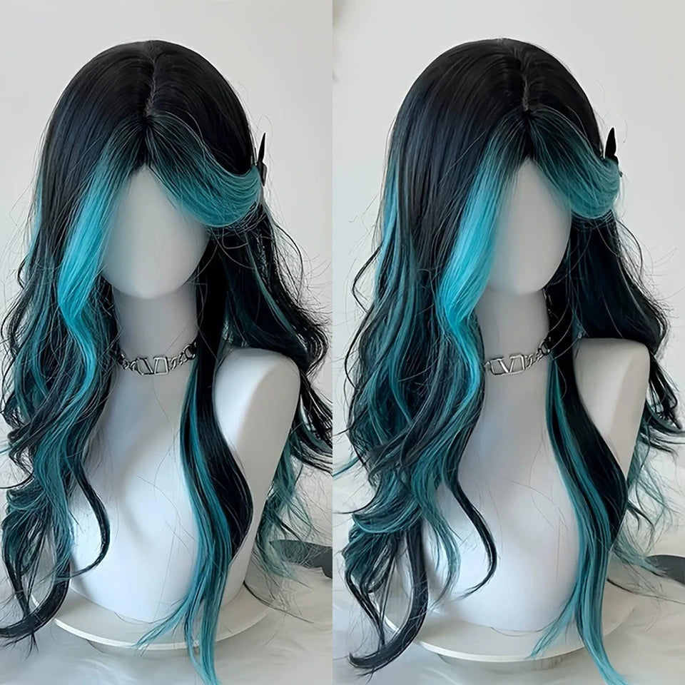 Ingvn  Long Wavy Pink Wig with Bangs Synthetic Cosplay Natural Lolita Purple Green Wig Halloween Costume Wig for Women Daily Wear