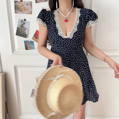 Ingvn  Chenopod Spring Summer Lace V-neck Bubble Sleeve Polka Dot Waist-cinching Holiday Dress Short A-line Skirt French Style Polye...