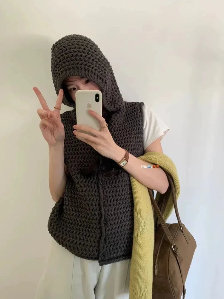 Ingvn - Women's High-End Chunky Hooded Knit Cardigan Vest Sleeveless Layering Sweater Coat Chic Coquette Trendy Vintage