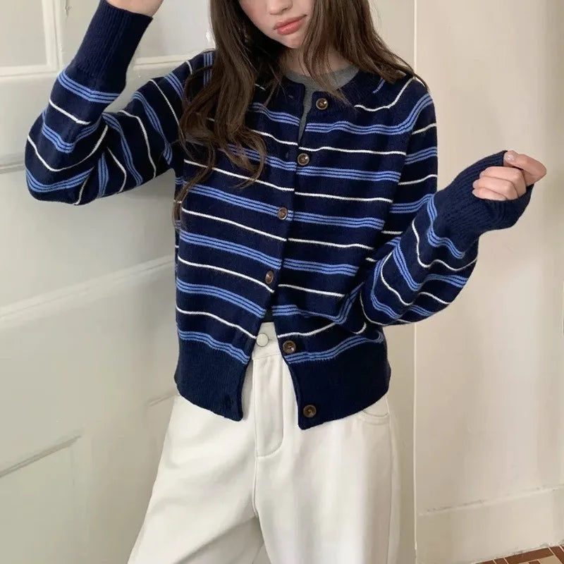 Ingvn - Women's Autumn Winter New Korean Color Block Striped Knit Cardigan Casual Design Versatile Sweater Chic Coquette Trendy