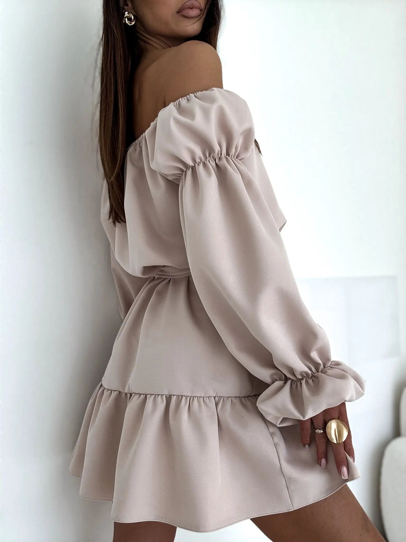 Ingvn  Women's Mini Dress Peplum Dresses Elegant Daily Holiday Going out Regular Fit Pure Color Long Sleeve Off Shoulder