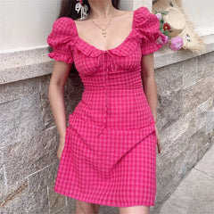 Ingvn  Vacation Floral Print Dress Women's Retro Style Spring Summer Short Sleeve Square Collar Puffy Sleeve Slimming A-Line Dress