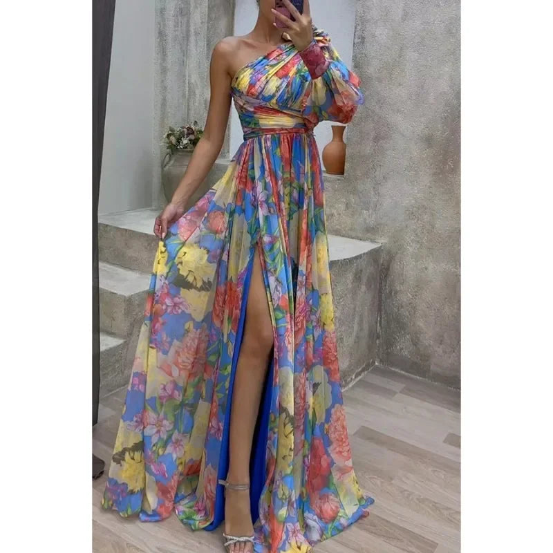 Ingvn  Autumn Women's Casual Long Sleeved Waist Tied  Off Shoulder Dress with Slanted Collar and Holiday Party Fashion Print Slit Dress