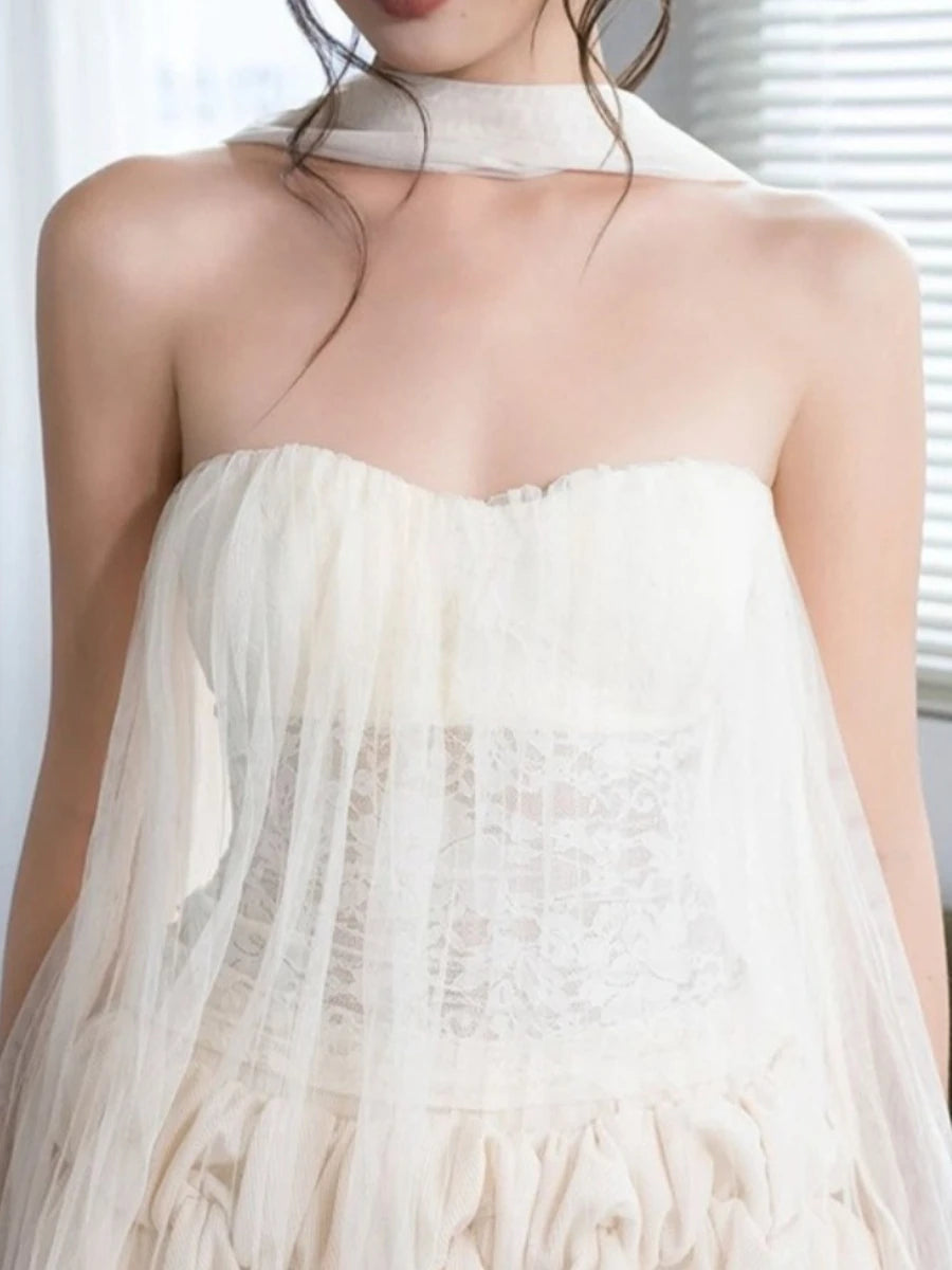 Ingvn  Solid Spliced Lace Two Piece Set Female Strapless Sleeveless Top Sexy Korean Women's Skirt Sets Summer Fashion New