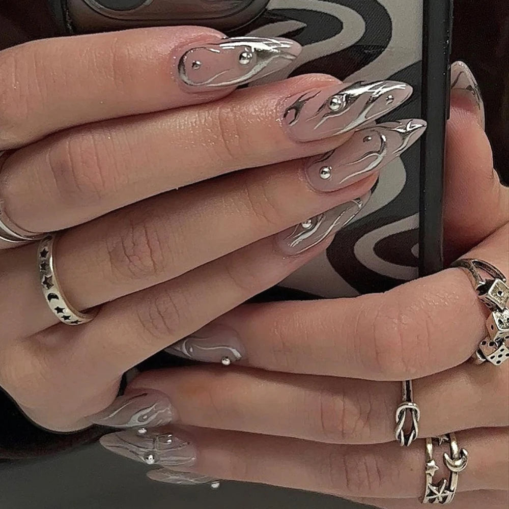 3D Pearl Shell Fantasy Polarized French Almond Shape False Nails Summer Detachable Finished Fake Nails Press on Nails with Glue