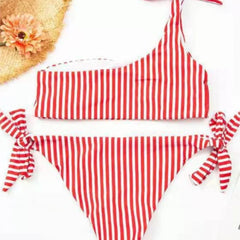 Ingvn  Summer Sexy Bow One Shoulder Striped Bikini Lacing Up Bandage Low Waist Swimsuit Set Two Piece Swimwear Beachwear