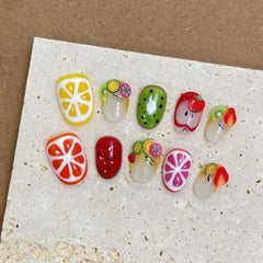 Summer Fresh Fruit Fake Nails Set Press On Finished Round Nail Tips 10PCS Handmade Cute Short Almond French False Nails Wearable