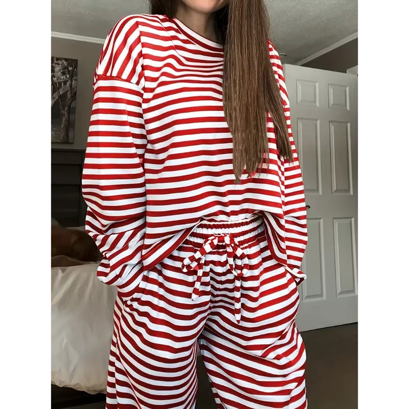 Ingvn - Women's 2 Piece Loungewear Set Red White Stripe Oversized Long Sleeve Top Wide Leg Pants Casual Loose Home Wear Outfit