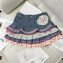 Ingvn  Preppy Style Lolita Kawaii Skirts Japanese Sweet Mini Women Harajuku Cute Ball Denim Y2K High Waist Lace Cake Skirts