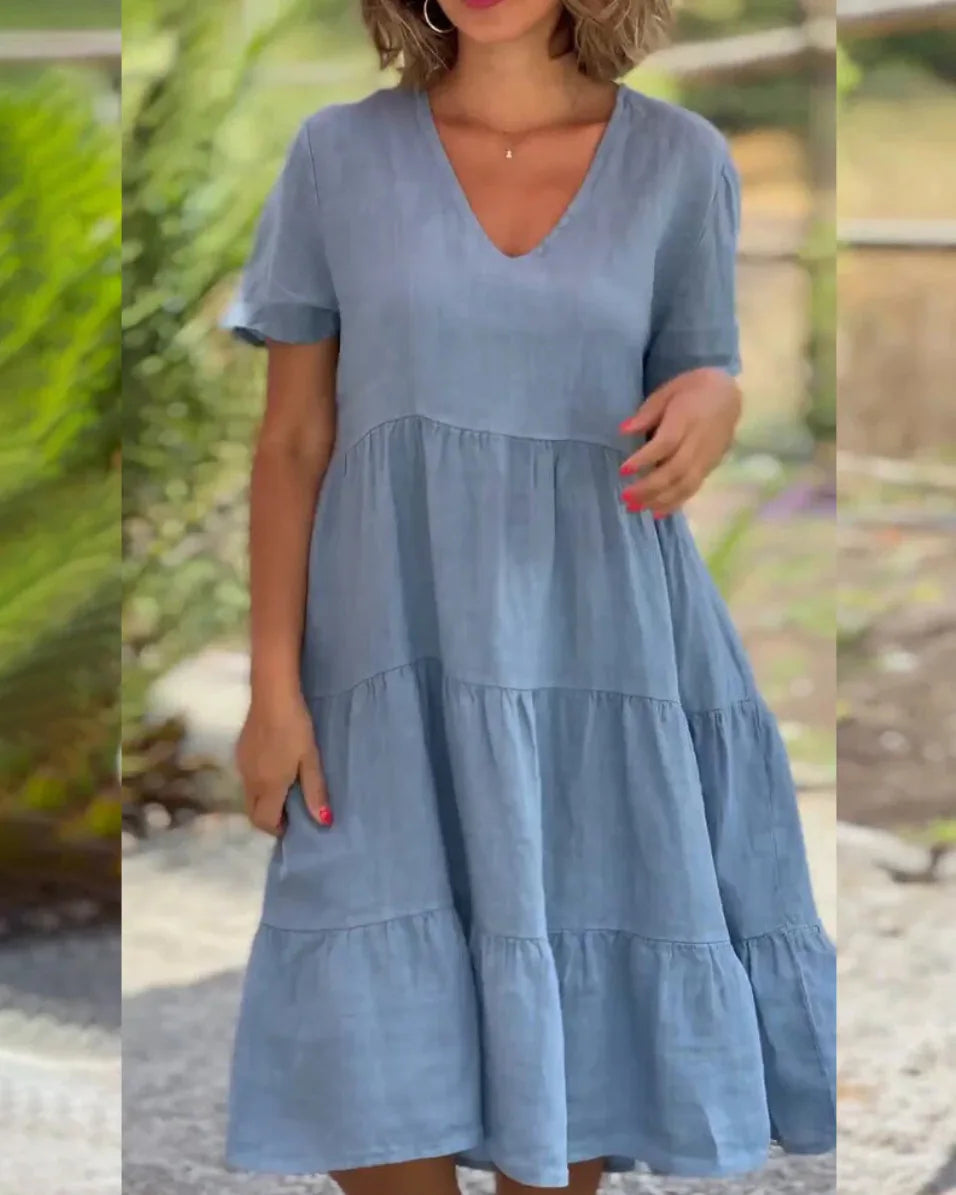 Ingvn  New European and American Summer Women's Clothing Fresh and Sweet V-neck Solid Color Large Sway Casual Skirt Dress