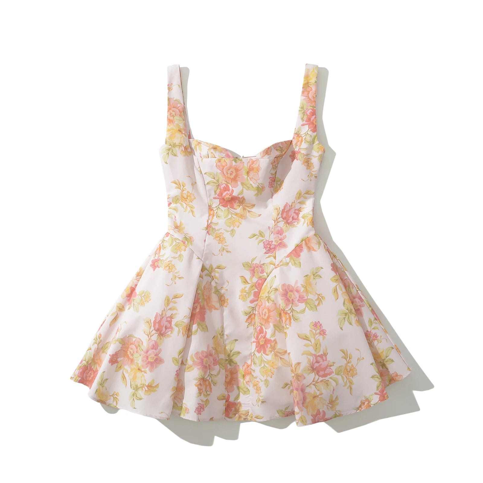 Ingvn  Sweet Pink Flower Print V Collar Sling Dress Women Corset Style Low Waist Folds Hem Ball Gown Swing Short Dresses Mini Tank Robe