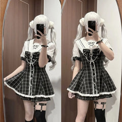 Ingvn  Harajuku Vintage Lace Bow Lolita 2 Piece Set Women Y2K Slim Dress Tops Casual Shorts Sweet Fashion Suit Chic