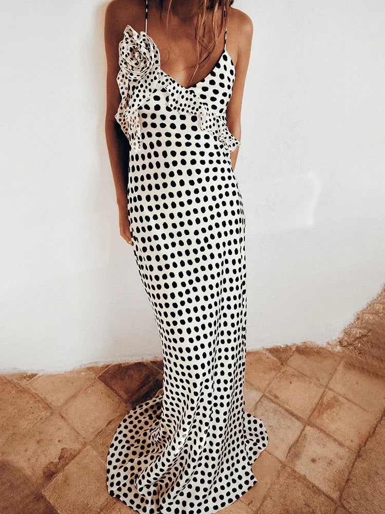 Ingvn  Sexy Backless  Print Dots Flower Women Maxi Dress Spaghetti Strap Evening Dress Autumn Skinny Elegant Party Clubwear