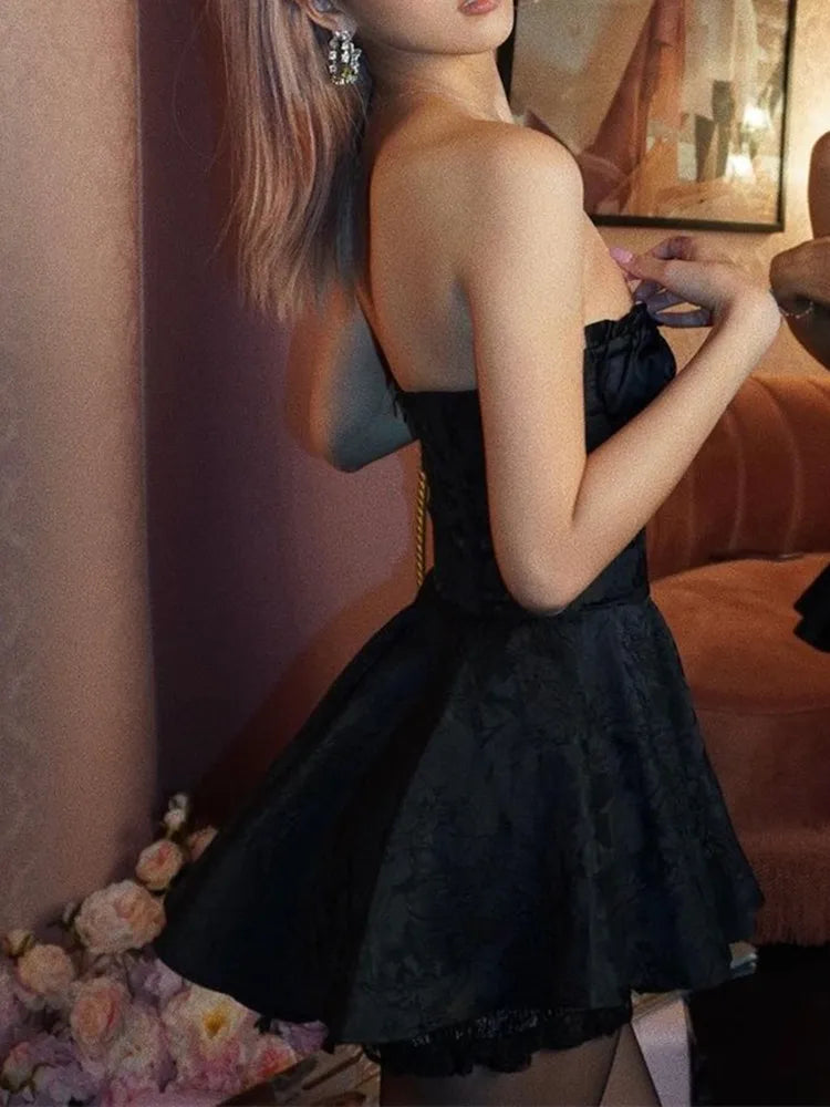 Ingvn  Women Hem Ball Gown Swing Party Skater Low Chest Dress Vestido Sexy Jacquard Satin Ruched Bra Corset style Strapless Mini Robe