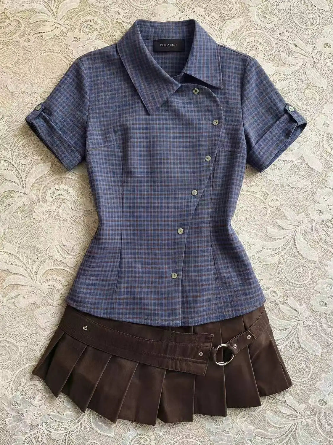 Ingvn  Retro Sweet Two Piece Set Women Plaid Short Sleeve Shirt High Waist Pleated Skirt Y2K Harajuku Hot Girl Summer