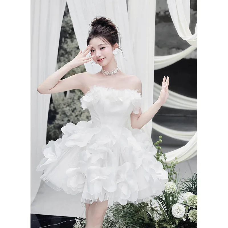 Ingvn  Spring French Elegant Socialite Sleeveless Strapless Pink Dress Sweet Princess 3D Flower Puffy Birthday Party Dresses Women