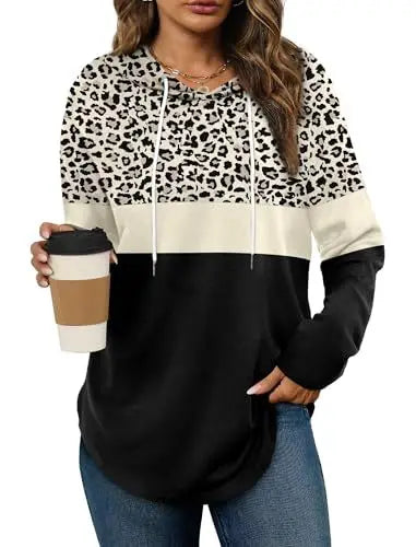 Ingvn - Women's Spring Autumn New Hooded Sweatshirt Leopard Print Plaid Stripe Print Trendy Versatile Fashion Casual Pullover Top