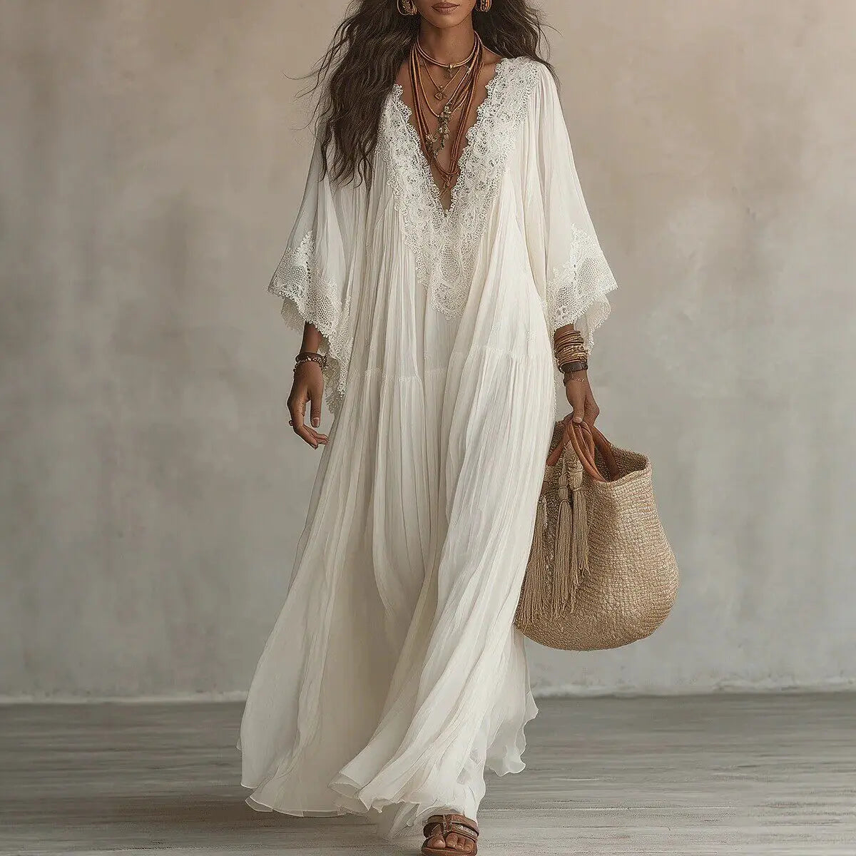 Ingvn  Vintage Solid Long Dresses New Women Boho Lace Trim Deep V Neck Flowy Maxi Dresses Ladies Fashion Beach Holiday Party Vestidos