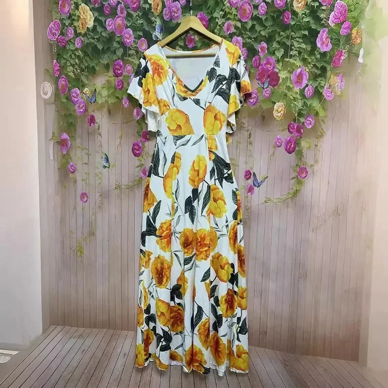 Ingvn  Women's XL-5XL Plus Size Hot selling V-neck elegant and casual printed long dress with large hem for women's clothing Women's